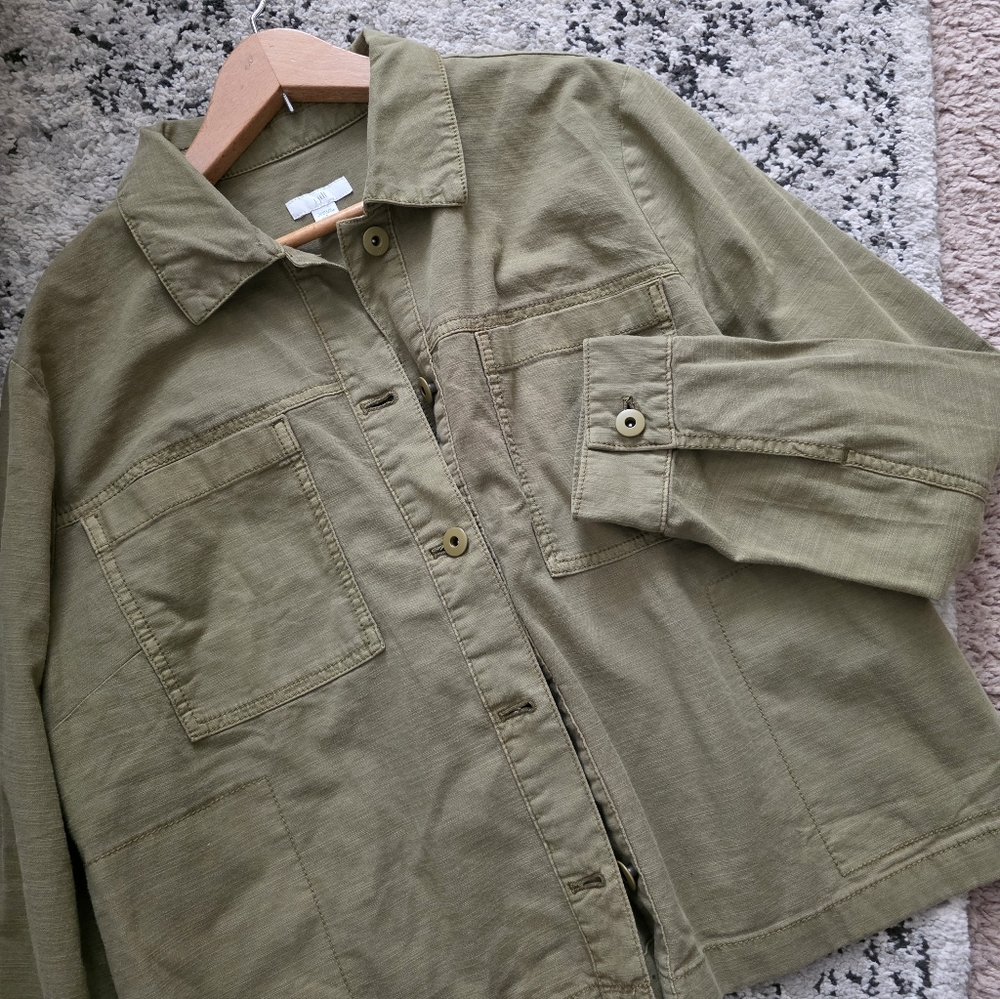 J.Jill Cotton Blend Casual Jacket Womens L Petite Army Green Preppy Boho Coastal
